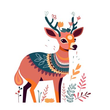 Çiçekli dekoratif süs çizimi olan sevimli bir geyik. Çizgi filmlerde boynuzlarında çiçekler büyüyen yavru orman hayvanı, komik ren geyiği karakteri ve yaprakları olan vahşi sonbahar dalı.