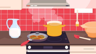 Mutfağın içinde gaz fırınının ısısıyla pişen sabah yemekleri var. Çizgi film tavası, kızarmış yumurta, pastırma ve kahve, İngiliz kahvaltısı için kahve, pişirme süreci.