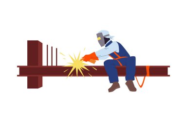 Endüstriyel ekipman çizimi ile yükseklerde çalışan inşaat işçisi. Çizgi film, metal kaynak kulesinde ve bina yapısında profesyonel ip erişimine sahip kaynak karakteri izole etti