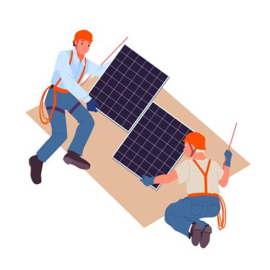 Endüstriyel işçiler elektrik enerjisi üretimi vektör illüstrasyonu için fotovoltaik panel kuruyorlar. Çizgi film, çatıya eko güneş ışığı toplayıcısı yerleştiren güvenlik kemerleri ve kasklarıyla mühendisleri izole etti.