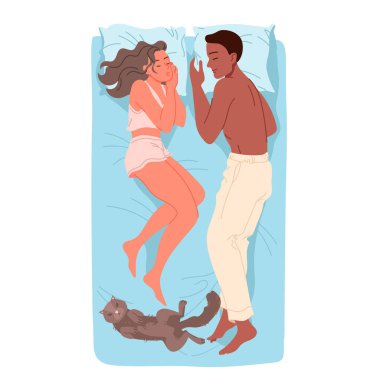 Genç karı koca rahat yastıklarda uzanıp geceleri tatlı rüyalar görürler romantik çiftler çizgi film çizimleri çekerler. Yatakta uyuyan erkek ve kadın, yatak odası manzaralı.