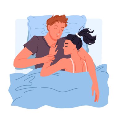 Erkek ve kadın yatakta uyurlar, manzarası çok güzeldir. Genç romantik çift geceleri birbirlerine sarılıyorlar, mutlu karı koca yatak odasındaki karikatür çizimlerinde battaniyenin altında yatıyorlar.