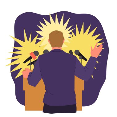 Kitle iletişim muhabirleri önünde siyasetçi veya erkek lidere yapılan genel söyleşi çizgi film vektör illüstrasyonunu siluete dönüştürdü. Sahne ışıkları ve kamera görüntüleriyle kürsüden konuşan adam konuşuyor.