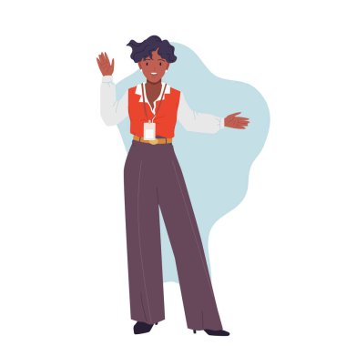 Mutlu kadın konuşuyor, el kaldırarak ve işaret ederek anlatıyor. Kendine güvenen genç bayan sunucu gülümseyerek duruyor ve sunum karikatürü çizimleri hakkında bilgi veriyor.