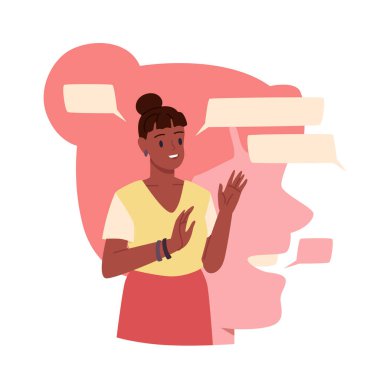 Dışa dönük davranış ve iletişim becerileri, psikoloji ve kişilik özellikleri. Mutlu heyecanlı kadın, insan kafasının önünde birçok mesajla konuşuyor. Siluet çizgi film çizimi.