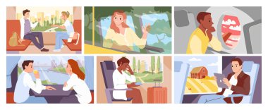 İnsanlar trenle, uçakla ve otobüsle seyahat eder, doğaya ve kentsel manzaralara pencerelerden bakarlar. Genç mutlu çift ve yolcu tek başlarına oturmuş manzaranın ve gökyüzü çizgi film çizimlerinin keyfini çıkarıyorlar.