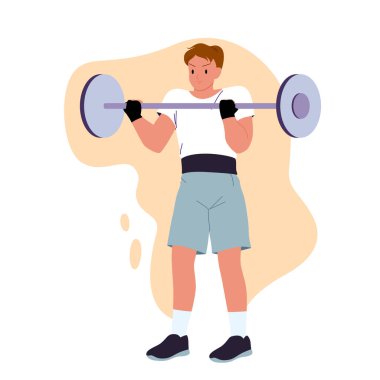 Spor salonunda halter kaldıran genç adam. Spor salonunda kas çalıştıran adam, erkek halterci ellerinin arasında büyük bir ağırlık kaldırıyor, atlet çizgi film çiziminin fiziksel egzersizi.