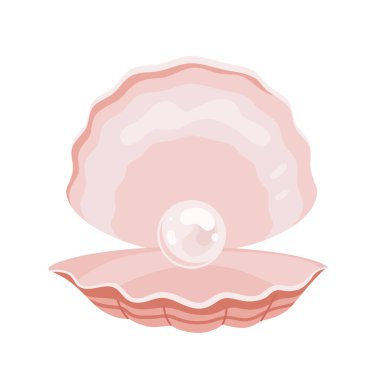 Open shell with white pearl and pink flaps. Front view of seashell with ball of shiny mother of pearl inside and wavy sashes, underwater jewelry treasure for woman cartoon vector illustration clipart