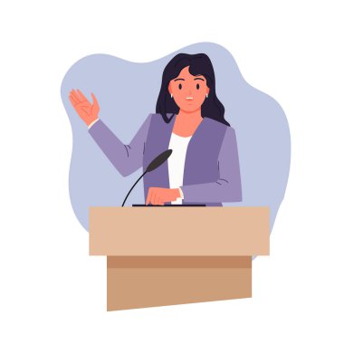 Kürsüden seyirciye konuşan kadın konuşmacı. Sahnede kadın lider ve politikacının konuşması, mikrofon, konferans ve konuşma Tribün of Hatip 'in elinde karikatür vektör illüstrasyonuyla