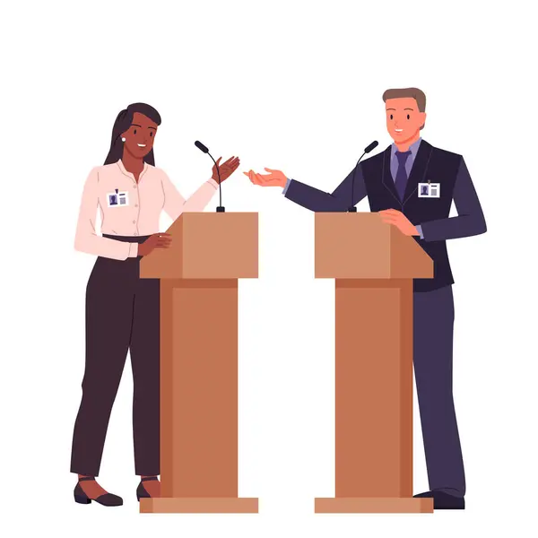 Debates Two Politicians Friendly Faces Smiles Young Man Woman Standing — Stock Vector