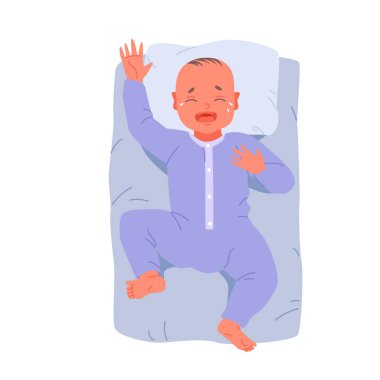 Üzgün bebek ağlaması, sağlıksız sorunlar ve yeni doğan bebek bakıcılığı stresi. Kızgın çocuk, uyku şapkası takmış, geceleri battaniyenin altında, mavi yastığa uzanmış aç bebek çizgi film çizimlerinin en üst görüntüsü.