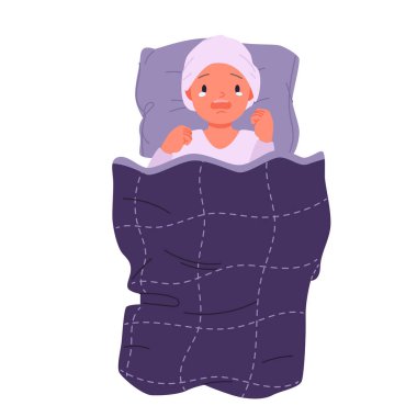 Üzgün bebek ağlaması, sağlıksız sorunlar ve yeni doğan bebek bakıcılığı stresi. Kızgın çocuk, uyku şapkası takmış, geceleri battaniyenin altında, mavi yastığa uzanmış aç bebek çizgi film çizimlerinin en üst görüntüsü.