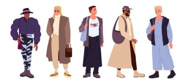 Modern moda kıyafetleri giymiş moda adamları. Genç yakışıklı erkekler gündelik kıyafet ve şapka giyer, erkek modeller şık güneş gözlüğü takar ve yürür, şık palto çizgi film vektör çizimi