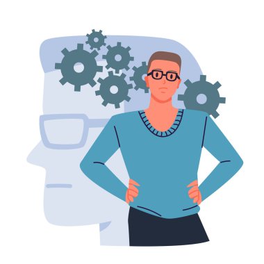 Kendine güveni dışa vurmak, iş mantığı yeteneği. Gözlüklü erkek karakter, kendine güvenen duyusal duruş içinde, vitesli ve soyut insan kafası silueti ile çizgi film vektörü çiziminin arkasında duruyor.