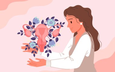 Kadın üreme sistemi ve doğurganlık hizmetleri, jinekologlar randevusu. Sağlıklı rahim ve rahim ağzı ile tıbbi anatomi şeması taşıyan mutlu bir kadın. Yumurtalık çizgi filmi çizimi.