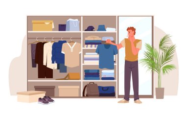 Giysileri olan bir gardırop açmak, dolabın içinde şık kıyafetler giymek. Dolapta asılı tişört taşıyan genç bir adam. Giysileri bulup, seçip, karikatür yapmak için.