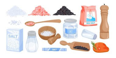 Tuz tozu ve kristaller hazır. Mineral ve deniz, siyah Himalaya ve paket halinde pembe tuz, ahşap havan, öğütme için kaşık ve tokmak, cam şişe ve tuzluk vektör çizimi