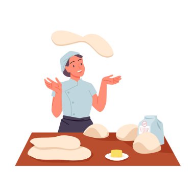 Pizza hamuru atan kadın fırıncı. Aşçı kostümlü, önlüklü, şapkalı, mutfak masasında fırın personeli buğday unu torbası ve hamur karikatür çizimi toplarıyla genç, tatlı bir kadın.