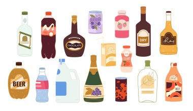 Farklı içki şişeleri seti. Plastik, cam kaplar ve alüminyum teneke kutular, karbonatlı soda ve meyve suyu, şampanya karikatürü vektör illüstrasyonunda içki koleksiyonu veya depolama