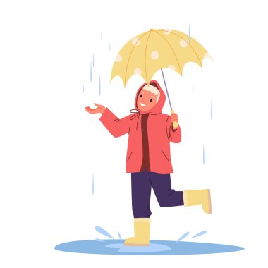 Sarı benekli şemsiyeyle su birikintilerinde yürüyen bir kız. Kırmızı yağmurluklu mutlu çocuk ve ıslak şemsiyeli lastik çizmeli, yağmurlu havada gülümseyen çizgi film çizimleri çiziyor.