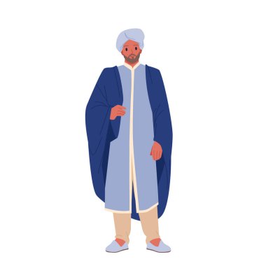 Geleneksel giyinmiş Hintli adam ayakta duruyor. Türban, mavi ayakkabı ve sherwani giyen erkek karakter, sakallı ve etnik elbise vektör çizimi olan bir adamın vücut portresi.