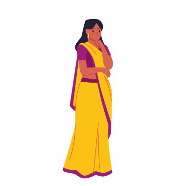 Sarı sarılı Hintli kız sorunları düşünmek için çenesini eliyle tutuyor. Geleneksel giysiler içinde kafası karışmış kadın karakter ayakta duruyor, kadın karikatür vektör çiziminin tüm vücut portresi