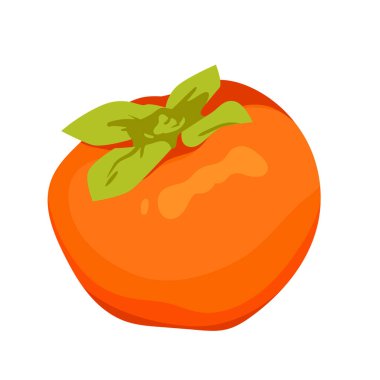 Yeşil yapraklı, olgun meyveli hurma. Asya bahçesinin tatlı, sağlıklı vejetaryen ve vejetaryen hasadı, vitamin tatlısı çizgi film çizimi için yapraklı taze, egzotik hurma.