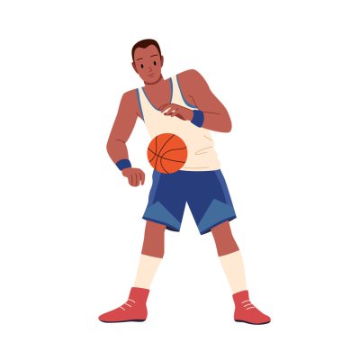 Basketbolcu topa önde durarak vuruyor. Spor üniformalı ve spor ayakkabılı profesyonel erkek sporcu takım oyunu oynuyor. Çizgi film vektör illüstrasyonunda top sürmek için antrenman yapıyor.