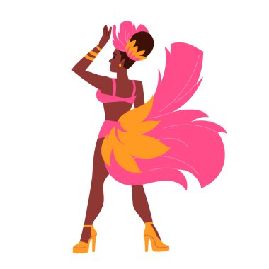 Brezilya karnaval partisinde dans eden Samba dansçısı. Pembe tropikal kuş kostümlü, kuyruklu ve tüylü bir kız. Latince görkemli dans figüründe elleri havada duruyor. Çizgi film vektörü çizimi.