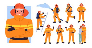 İtfaiyeciler iş başında. İtfaiyeci üniformalı itfaiyeci, alev ve merdiveni söndürmek için hortum tutan karakterler, acil durum görevlileri, kızı yangın çizgi film çiziminden kurtarıyor.