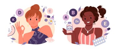 Vitamin ve mineral eksikliğini gidermek için besin takviyesi, organik gıda ve kozmetik ürünler. Multivitamin kompleksi olan bir şişe tutan genç mutlu kadın, normal bir jest çizimi çiziyor.