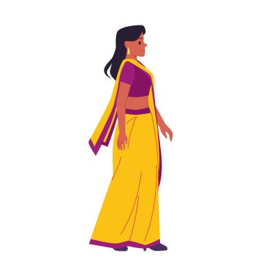 Geleneksel kıyafet giyen kendine güvenen kadın karakter çizgi film çizimi çiziyor. Sarı ipekli mutlu kız selamlıyor.