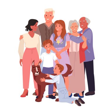 Mutlu uluslararası aile buluşmaları ve kucaklaşmalar. Baba, anne, büyükbaba, küçük kardeşler, çocuklar ve sevimli evcil hayvan sevgi, gülümseme ve çizgi film çizimleri ile bir arada duruyorlar.