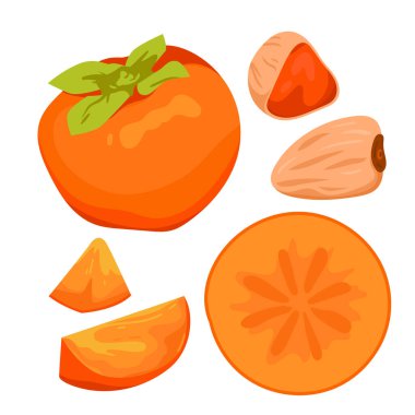 Hurma seti. Olgun meyve ve yeşil yaprak ve yarım kesim üst görünüm, üçgen dilim ve kama, kurutulmuş hurma çerez, vejetaryen vitamin tatlı ve lezzetli gıda çizgi film vektör ilülasyonu