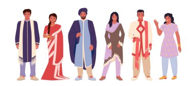 Hintliler hazır. Geleneksel giysiler içinde farklı yetişkin erkek ve kadın karakterler ayakta ve el sallayan kızlar, sari ve giysili kızlar, türbanlı ve sakallı adam ve vektör çizimleri