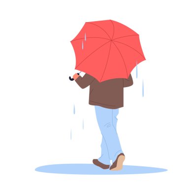 Sonbaharda şemsiyeyle yürüyen adam ya da bahar yağmuru, dikiz manzarası. Dışarıdaki su birikintilerinde yürümek için kırmızı şemsiyeli erkek karakter, kıyafetlerini yağmur damlaları çizimlerinden korumak için.