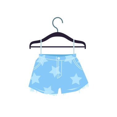 Yıldız desenli modaya uygun kot şortlar ve dolap askısına asılmış çiğ kesikler. Cepli kot şort, kız için düğme ve fermuar, modaya uygun yaz kıyafetleri karikatür vektör çizimi