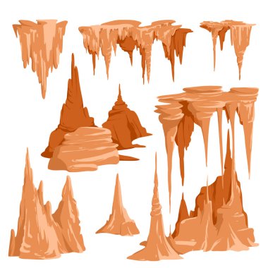 Mağara dikitleri ve sarkıtlar seti, taş ve kum doğal kaya nesneleri. Mağaradaki dağ yapısı ve ıslak keskin tepeleri olan vahşi yeraltı tüneli, damlayan su karikatürü vektör çizimi