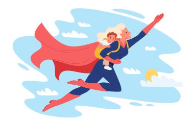 Anneler Günün kutlu olsun, oğlunla gökyüzünde uçan güçlü süper anne karakteri. Kahraman süper insan kostümü giymiş cesur genç bir kadın ve kırmızı pelerinli elinde aşk çizgi filmi çizimleri olan sevimli bir çocuk.