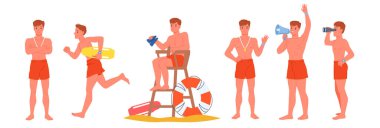 Plaj cankurtaranları ayarlandı. Kırmızı şortlu genç adam hayat kurtarmak için ayakta ve kaçıyor, elinde megafon ve dürbün tutan adam, ahşap kule çizgi film çizimleri üzerinde oturan bekçi.