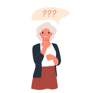 Hafıza kaybı sorunu, yaşlı hastada bunama teşhisi. Alzheimer belirtileri gösteren üzgün yaşlı kadın, endişeli büyükannesi ve düşünce çizimlerinde soru işaretleri olan vektör çizimi