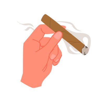 Elinde tütünle kaliteli puro tutan bir adamın eli. Sigara içmek için iki parmak sigara, kötü yaşam tarzı alışkanlıkları ve akciğerlerin sağlığına zarar vermek için sigara bağımlılığı.