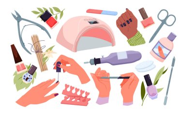 Manikür aletleri, güzellik salonunda makyaj malzemeleri. Kadın elleri fırçayla tırnak boyası, dosyayla cilalama, cımbız ve tırnak törpüsü koleksiyonu, mor ötesi lamba.