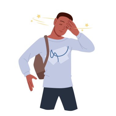Baş döndürücü yıldızları olan bir adam kaos içinde etrafta uçuyor. Baş dönmesi, halsizlik, rahatsızlık ve sağlık sorunları yaşıyor. Baş dönmesi ve dengesiz çizgi film vektör çizimi olan bir karakter.