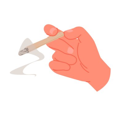 Sigara içmek için elinde sigara tutan bir el. Erkek karakterin parmakları yanan sigarayı külle, zehirli nikotin bağımlılığı ve kötü alışkanlığı olan bir adamın sigara dumanını tutuyor.
