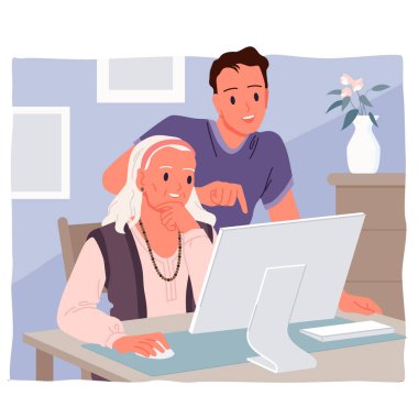 Bilgisayar kullanan yaşlı kadın için genç bir adamdan yardım ve destek. Yaşlı büyükanne bilgisayarla masada oturuyor, çocuk büyükannesine internet karikatür çizimini öğretmek için ayakta duruyor.