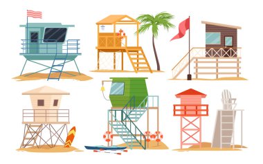 Cankurtaranlar ahşap kuleler inşa edildi. Acil durum ekipmanları ve pencereli sahil kulübeleri, yüzen insanları izlemek için sandalye, can simidi ve sörf tahtası çizimi olan deniz kenarındaki evler.
