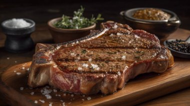 Siyah taş tabakta tuzlu ve biberli ızgara biftek. Izgara çizgili biftek. Sulu, kalın ızgara biftek. Taze baharatlı, yaz mangalı..