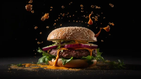 Smaczny Hamburger Rzemieślniczy Grillowanym Mięsem Serem Pomidorem Warzywami Czarnym Tle — Zdjęcie stockowe