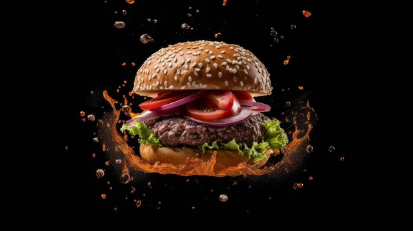 Leckere Craft Burger Mit Gegrilltem Fleisch Käse Tomaten Gemüse Auf — Stockfoto